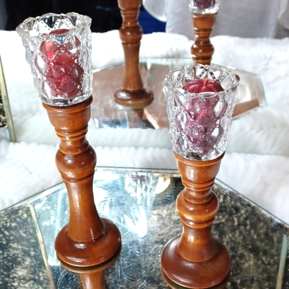 Wooden 2 Piece‎ Candle Holders /W Vintage Votive Holders - Picture 1 of 6